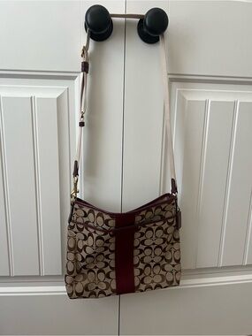 Coach Khaki Signature Crossbody with Burgundy Trim